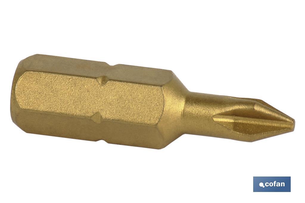 Puntas titanio Phillips de atornillar en 1/4\" | Con huellas desde PH 1, PH 2 y PH 3 | Versiones de 25 y 50 mm de longitud